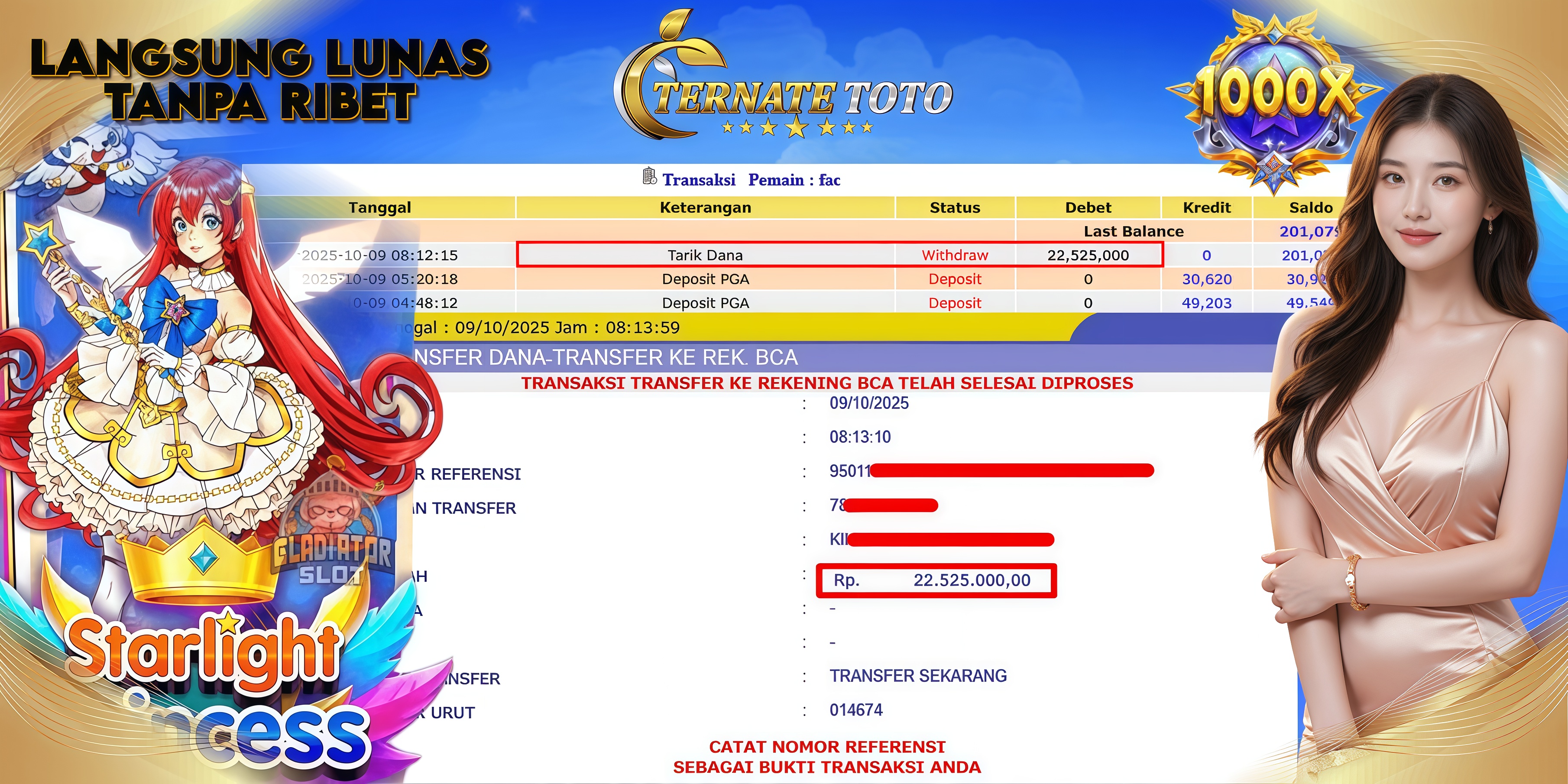 TERNATETOTO - MENANG STARLIGHT PRINCESS 1000 Rp.22,525,000,-